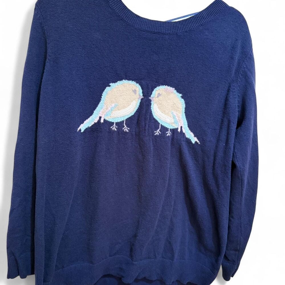 LC Lauren Conrad Women's Navy Blue w/ Cream Colored Birds Jumper Sweater